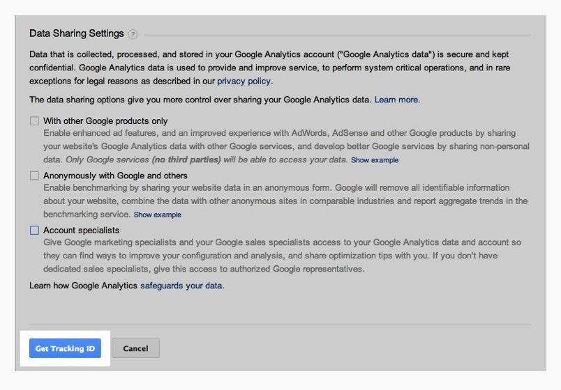 Нажмите Get Tracking ID внизу страницы, чтобы получить код отслеживания