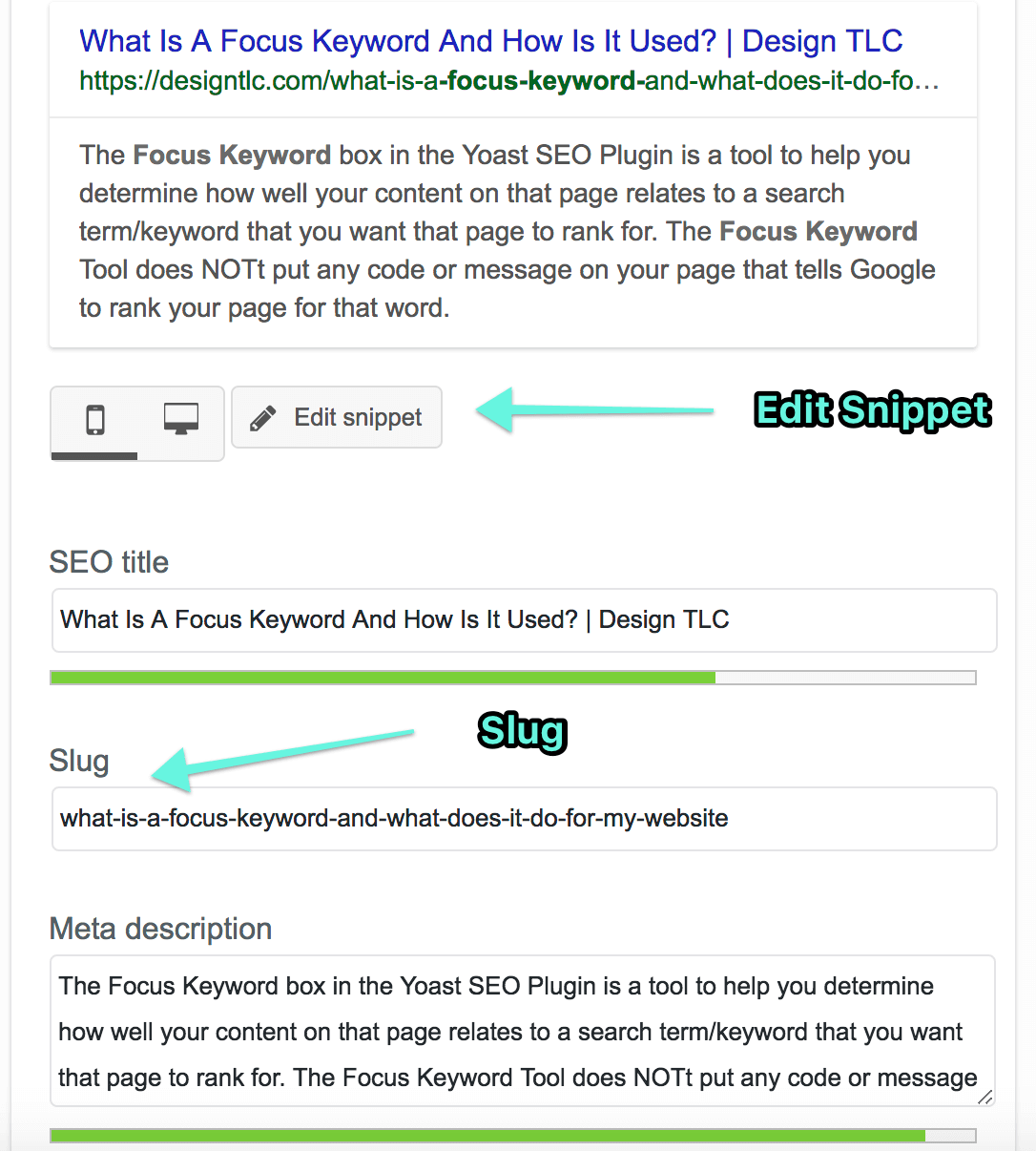 Чтобы отредактировать Slug, SEO-заголовок или мета-описание в плагине Yoast, просто нажмите кнопку «Редактировать фрагмент» в редакторе Yoast внизу страницы или сообщения
