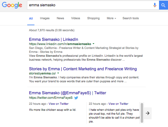 Например, если вы отправите в Google мое имя, мой профиль LinkedIn появится в верхней части поисковой выдачи, за которым последуют мой веб-сайт и мой встроенный поток Twitter